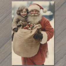 Art Print  Santa Claus Child Festive Gifts Snow Holiday Christmas Retro Charm Sa
