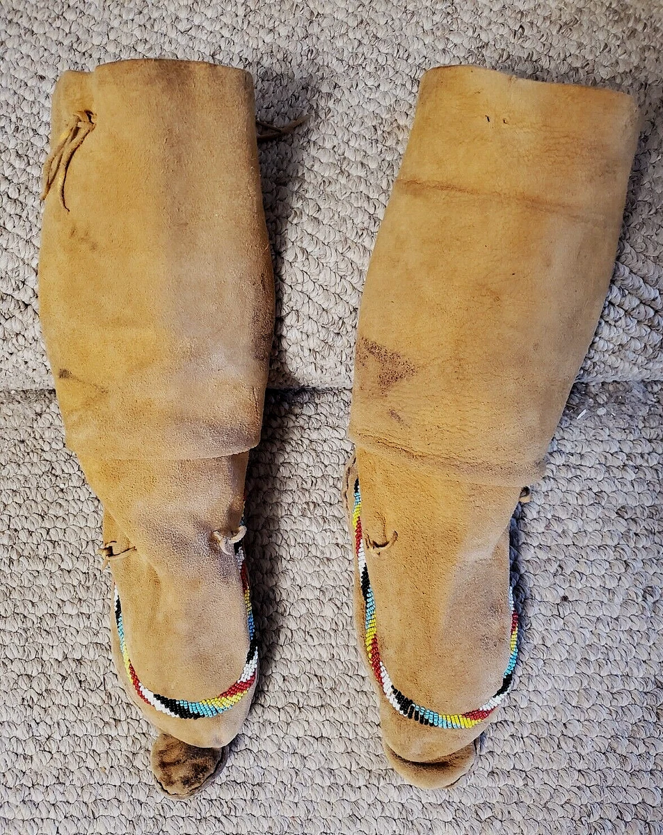 OLD Native American Apache Beaded High Top Leather Moccasins 30" HIGH  UNFOLDED | eBay