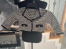 Girls Long Sleeve Lapel Collar Houndstooth Tweed Jacket