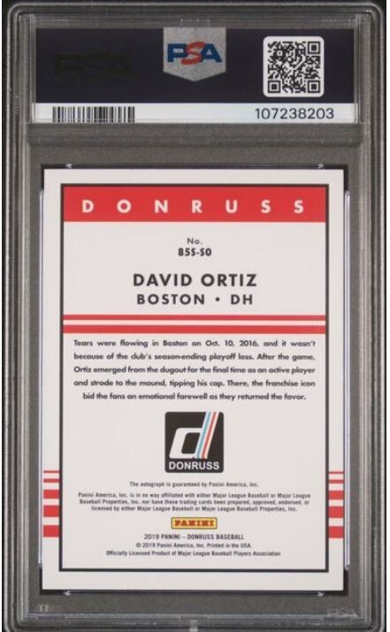 2019 Panini Donruss David Ortiz Signed Baseball Card Certified PSA 8 DNA 9 HOF view 2