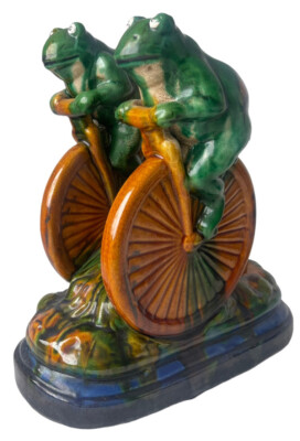 Frederick Cooper Early Ceramic Frogs On Penny Farthing Bicycle