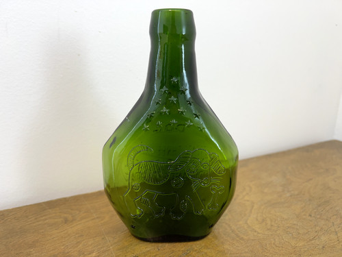Clevenger Bros Glass Bottle Dog Emerald Green 1969 Clayton, NJ Vintage 7 1/4"