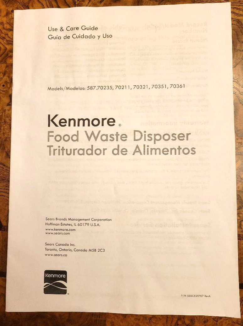Kenmore Food Waste Disposer Use & Care Guide 587.70235 70211 70321