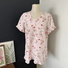 Match Point Linen Floral Ruffle Top Pink V-Neck Short Sleeve Sz M EUC