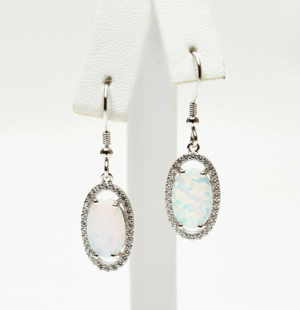 White Fire Opal Oval Halo CZ Hook Earrings Large Dangle 925