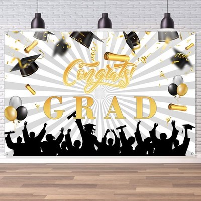 Congrats Grad Backdrop Graduation Party Prom Ceremony Sign White Gold 6x4 Ft