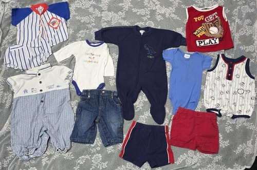 Vtg 80s 90s Baby Boy 10 Pc Lot 0-6M Romper Shorts Bodysuit Baseball Dino Dog