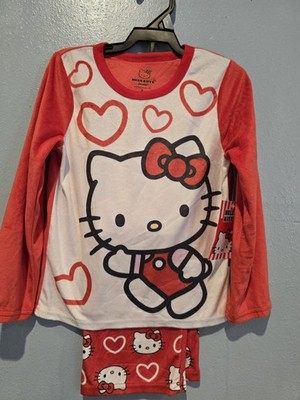 Girls Hello Kitty  Pijama Set 2 Piece Size 4 Red White Long Sleeve  .  