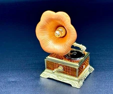 Vintage Gramophone-Style Enamel Trinket Box with Gold Accents & Flower Horn