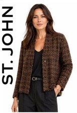 BEAUTIFUL St. John Brown Tweed Plaid Knit One Button Jacket Cardigan Size 8
