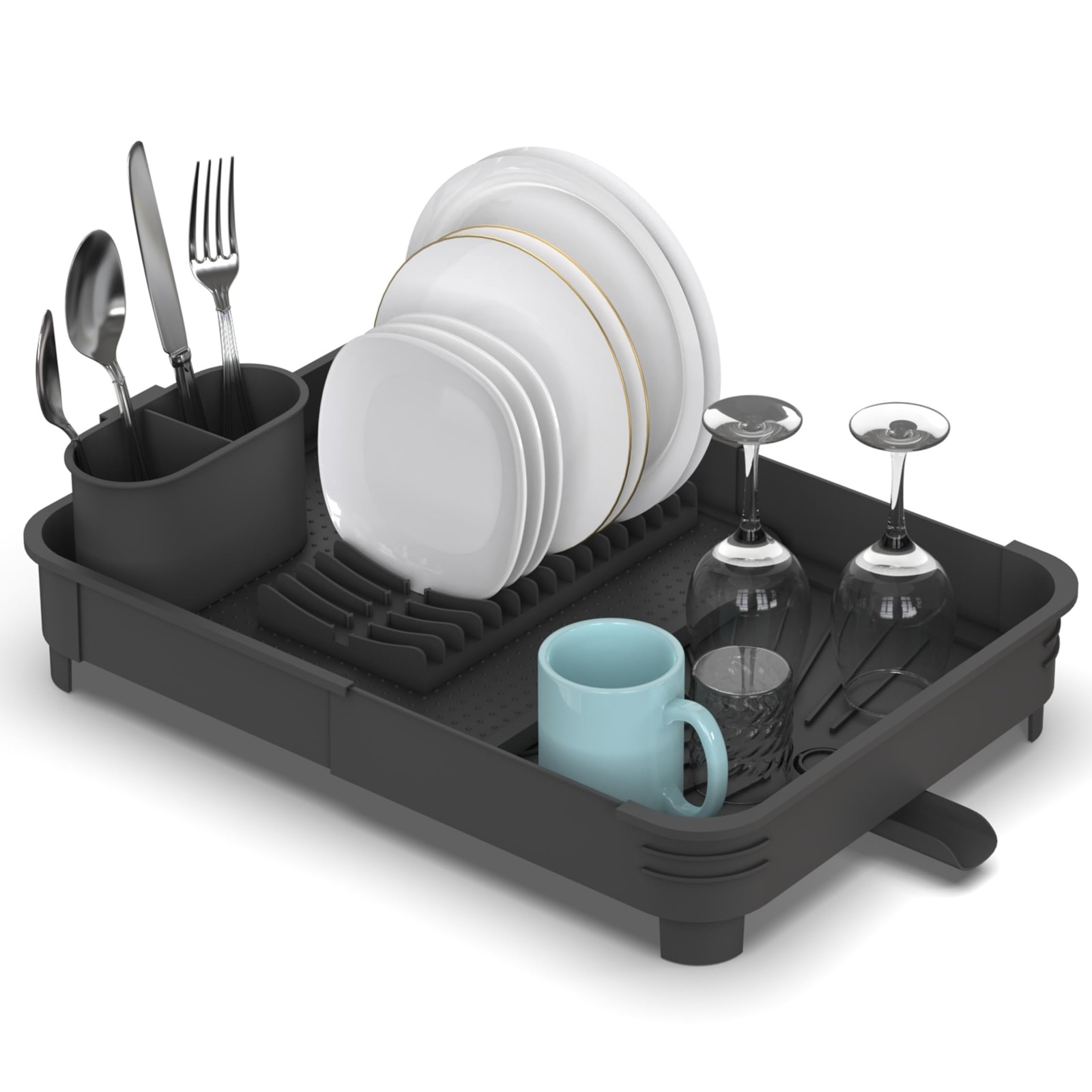 Extendable Dish Drainer Rack with Cutlery Holder - Anthracite