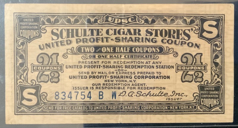 1930’s SCHULTE CIGAR STORE VINTAGE 2 1/2 COUPONS!