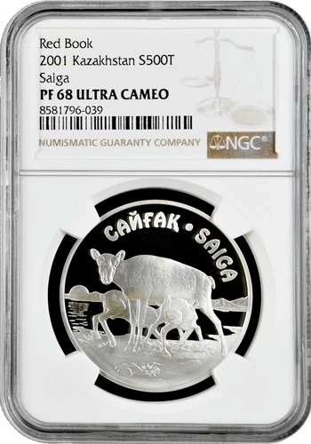 Kazakhstan 500 tenge 2001, NGC PF68 UC, "Red Book - Saiga Antelope" silver coin