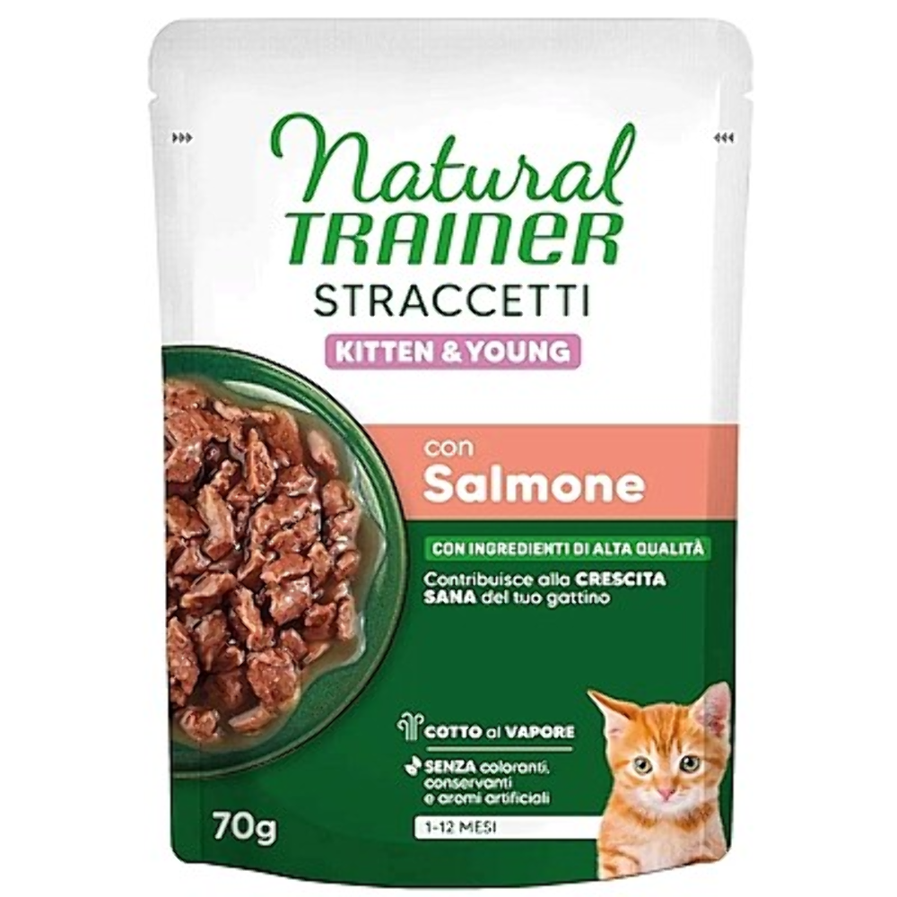 NATURAL TRAINER CAT STRACCETTI KITTEN CON SALMONE 85 GR