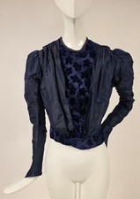 VICTORIAN 1890 S BLUE SILK LEAF VELVET BODICE W BONED INTERIOR