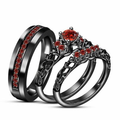 Gothic Style Lab Create Diamond Red Garnet Bridal Trio Ring Set In 925 Silver