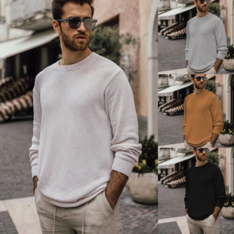 Men Warm Crew Neck Knitwear Top Jumper Solid Long Sleeve Casual Sweater  Pullover | eBay
