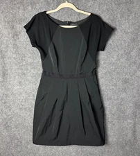 Theory Dress Women's 8 Black Joena Contrasting Mini Sheath Pockets Short Sleeve