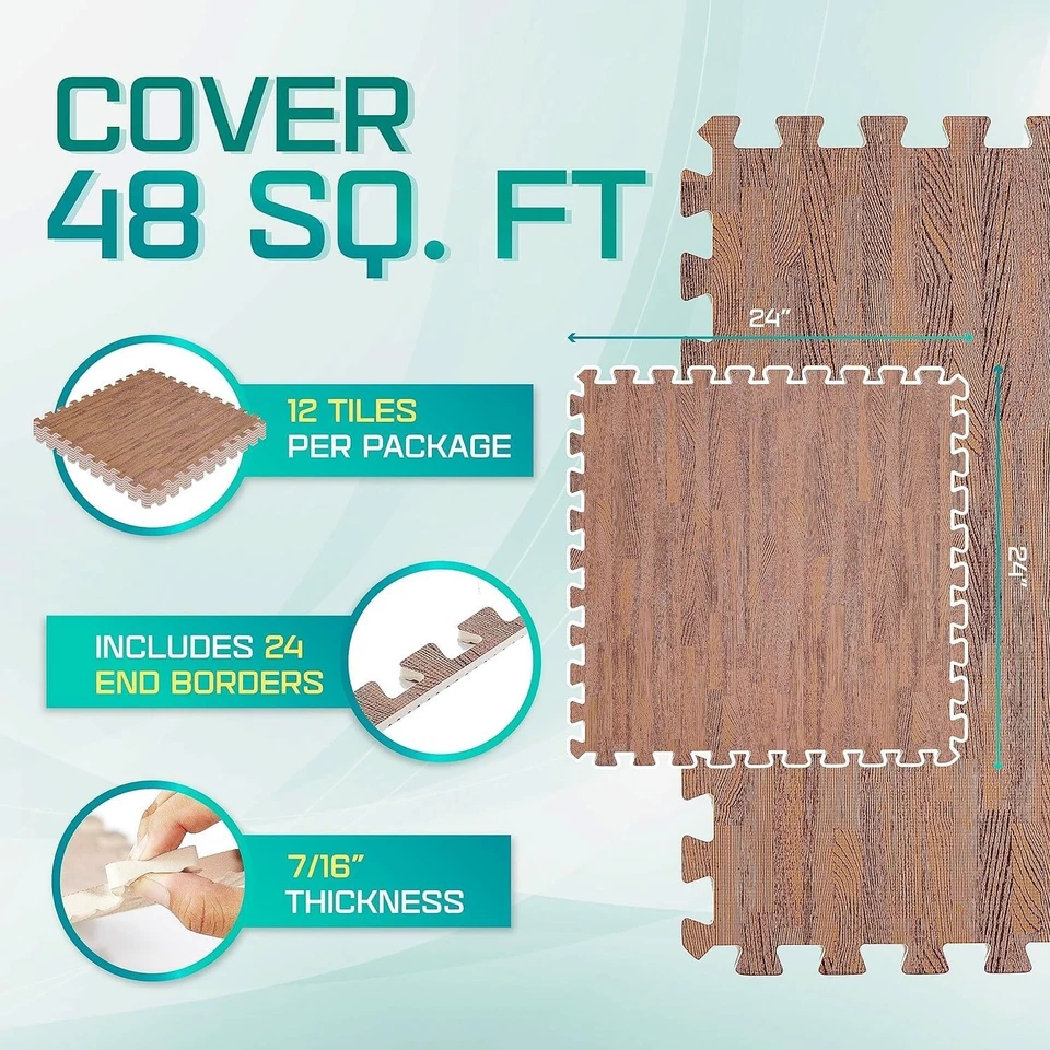 Yes4All 48SQ.FT Wood Grain Puzzle Exercise Mat Protective Flooring, EVA Inter... - Image 2 of 4