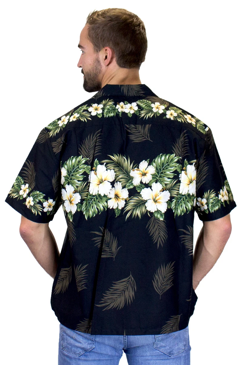KY's Original Camisa Hawaiana Hibisco Amarillo Impresión en el Pecho Negro