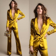 Satin Gold Women's Suits Deep V Neck Prom Dinner Party Casual Work Wear Outfits