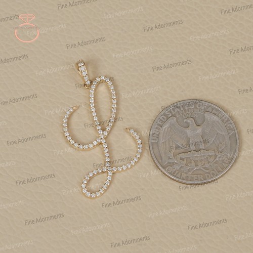 Solid 14k Yellow Gold L Initial Charm Natural Pave Diamond L Alphabet Pendant - Picture 6 of 9