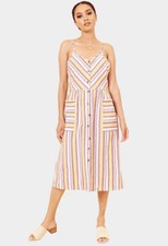Womens Multi Stripe Cotton Button Down 2 Pocket Sleeveless Strappy Midi Dress