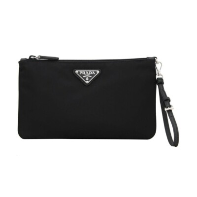 Prada Black Tessuto Nylon Prada Logo Pouch Wristlet Clutch Bag New
