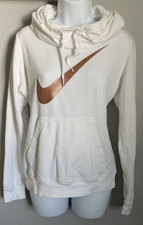 Nike Hoodie Womens Medium White Metallic Logo Rally Funnel Neck Pullover Hoodie