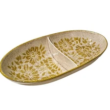 Vintage 60s Red Wing Damask Divided Vegetable Serving Dish Oval 12" Beige Green