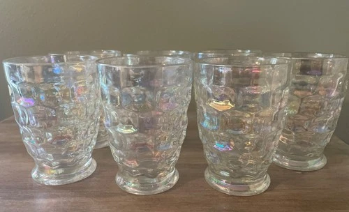 Vintage Federal Glass Iridescent Thumbprint 3.75" Juice Tumbler Glass Set Of 7