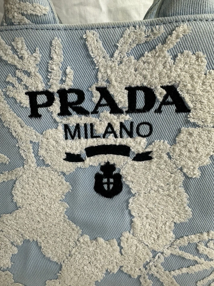 Authentic Prada Light Blue & White Terry Cloth Floral Mini Tote Bag Certificate - Image 3 of 4