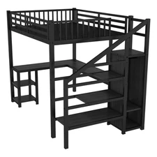 Full Loft Bed Metal with Wardrobe LED Light L Shaped Desk and USB for Kids Black