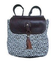 Myra Bag Western Backpack Leather Canvas Flap Black White Leffis Upcycled