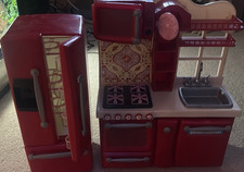 Red Plastic Pretend Play Kitchen Set with Refrigerator, Oven, Sink, and Stove