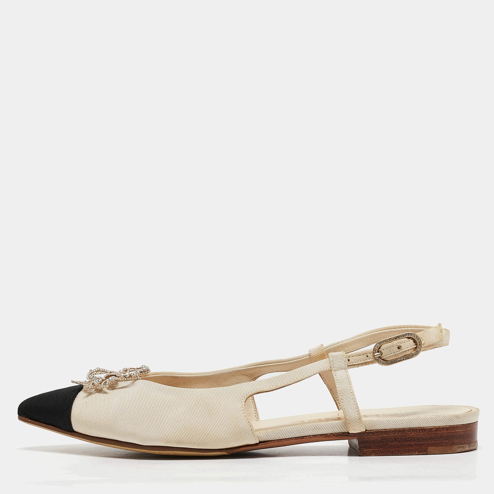 Chanel BeigeBlack Canvas Cap Toe Slingback Flat Sandals Size 355