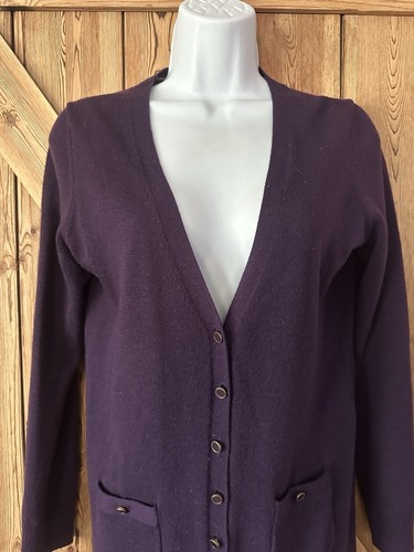 BANANA REPUBLIC Poly Wool Cardigan Sweater Deep Purple Button Up Pockets Medium - Picture 4 of 15