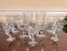 Vintage 9 Piece Set of Etched Crystal Iced Tea Sherbets Juice Glasses Stems