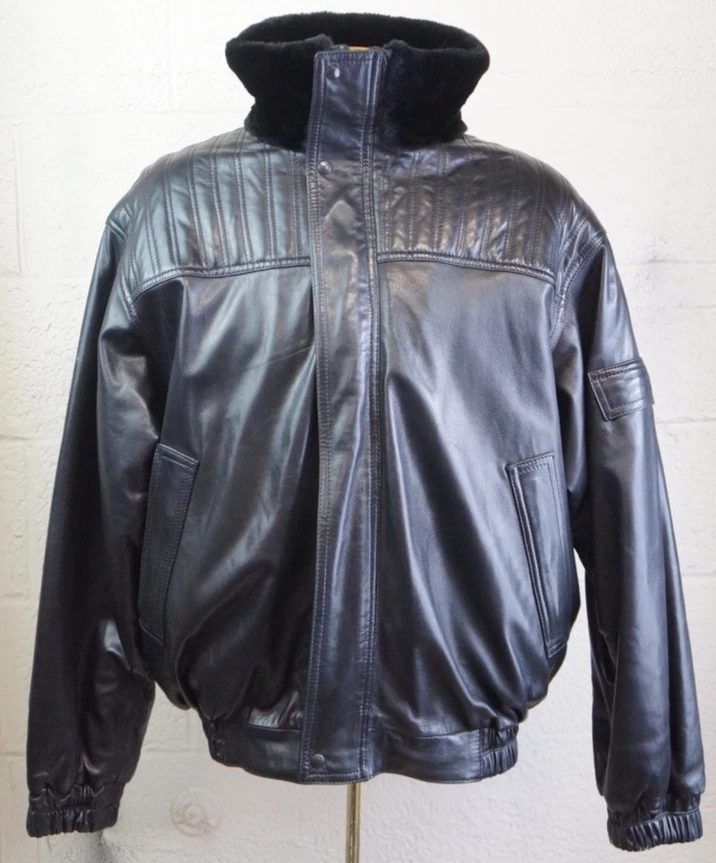 Chaqueta de bombardero reversible vintage Georgie de cuero y piel negra para hombre XL Foto 3 de 4