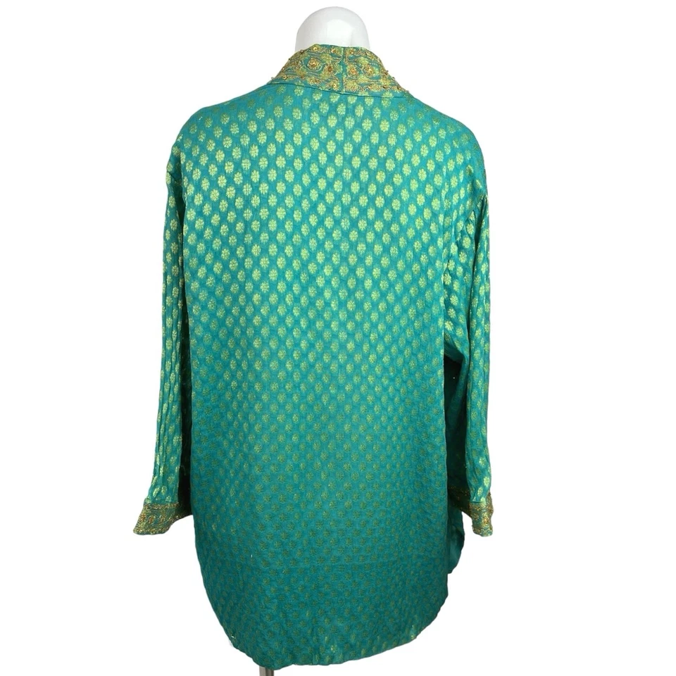 Soft Surroundings 100% Silk Green Embroidered Open Front Cardigan Duster Jacket - Imagem 2 de 3