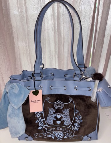 New Juicy Couture Velour Daydreamer Tote Bag Scottie Dogs Y2K NWT Silver Blue