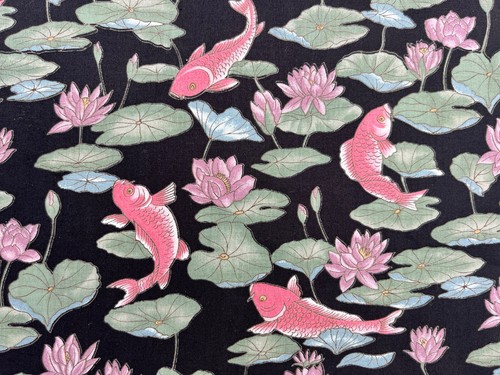 4 Yards Hoffman California Holzschnitt asiatische Koi Fisch Lilie Pads Stoff 43" breit