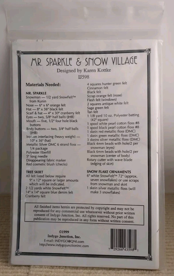 NEW 1999 Indygo Junction Sewing Pattern IJ598 Mr Sparkle & Snow Village 22" - Image 2 of 3