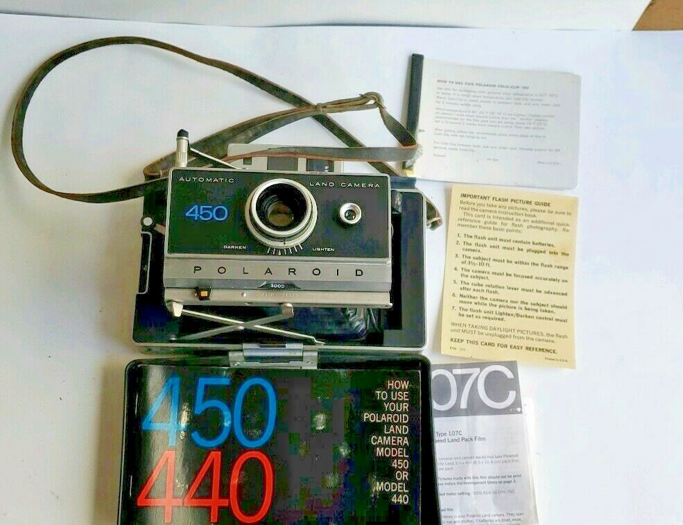 POLAROID 450 Automatic LAND CAMERA Flash Instructions Leather Strap  Untested
