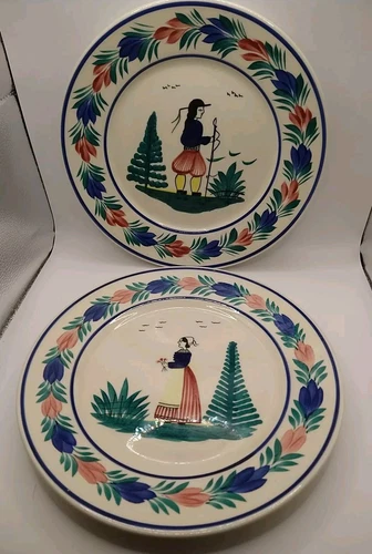 Set Of 2 Henriot Quimper France Large 10.5” Hand Painted Plate Man Woman Breton