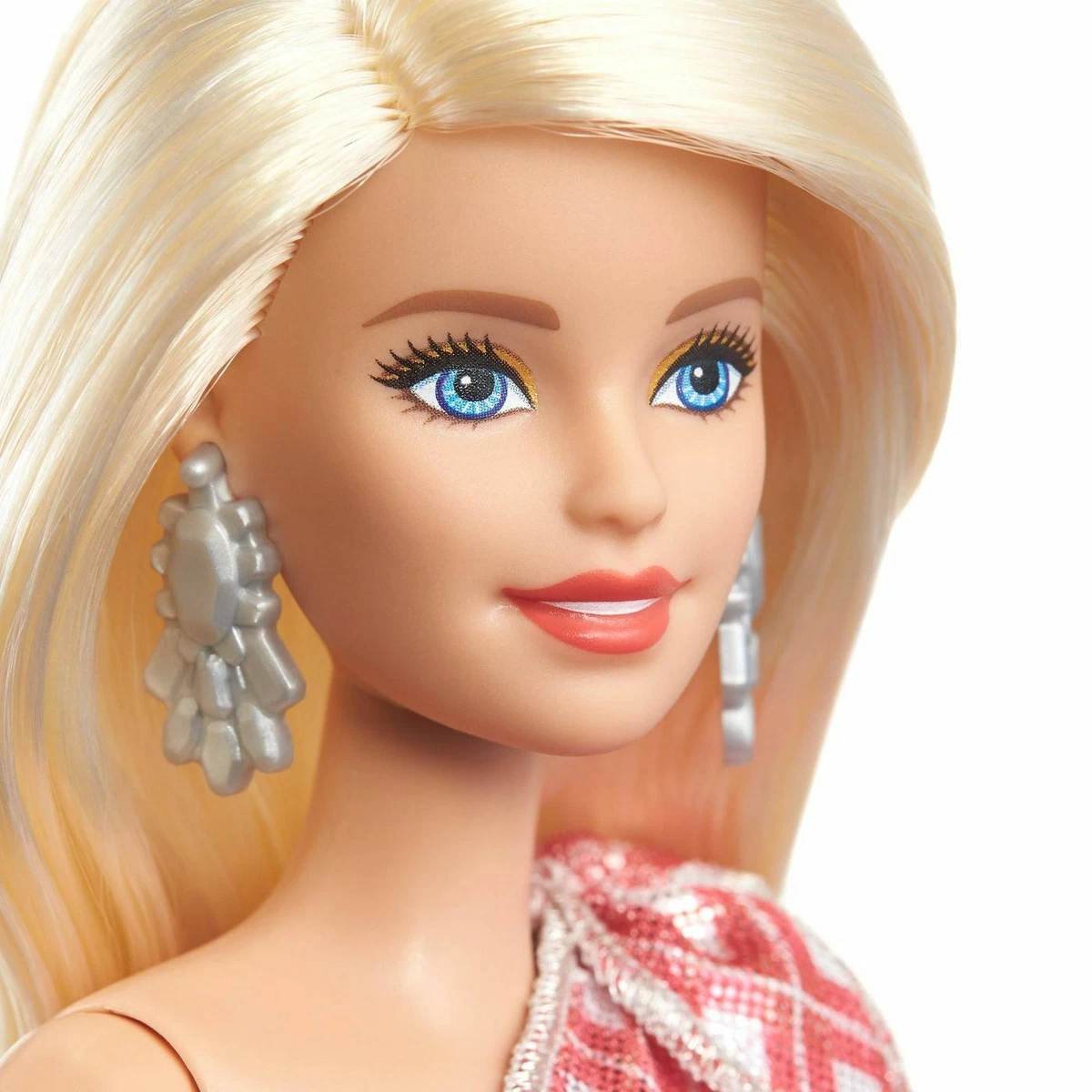 2020 Holiday Barbie Doll Blonde Shimmery Red and White Dress GJB74