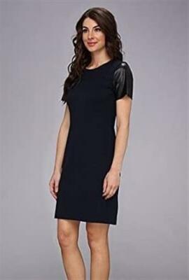 Donna Morgan 237615 Womens Leather Sleeve Ponte Shift Navy/Black Size 8