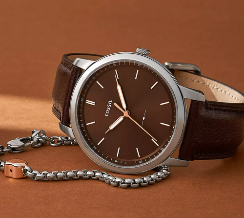 Fossil Minimalist FS6019SET Men Dress Brown Analog Silver Bracelet Box Set Watch