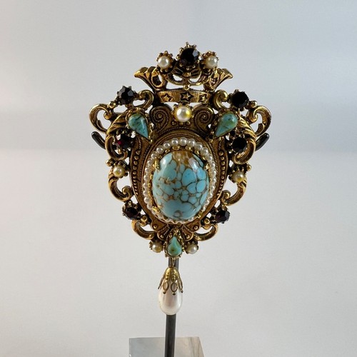 Vintage Florenza Renaissance Revival Faux Türkis Demi Parure Brosche Ohrringe - Bild 3 von 6