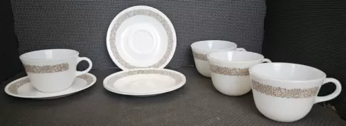 4 Pyrex Woodland Brown Coffee Tea Cup Mugs 66 AND 4 Saucers Corelle Corning Ware